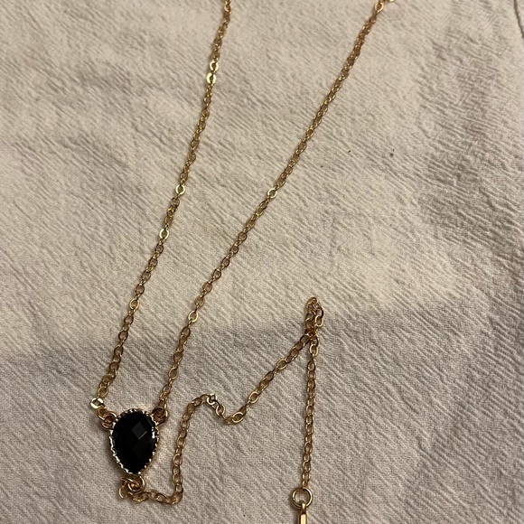 Zara Black Faceted Gem with Golden Bar Lariat Necklace Very Fine Gold tone Bar. - Picture 4 of 6